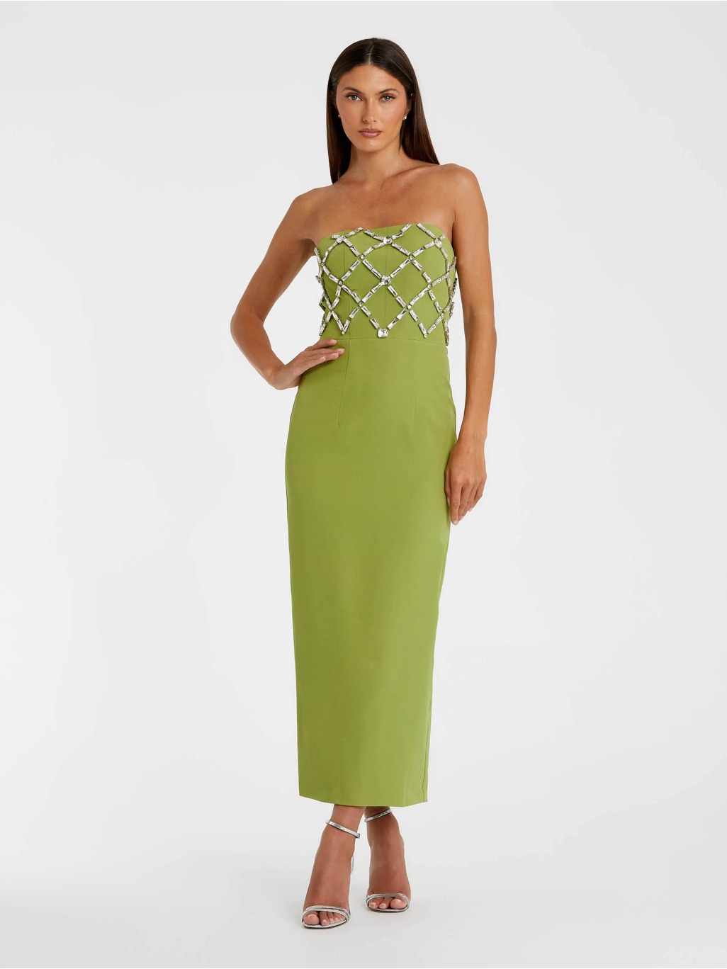 Mac Duggal 21064 Green Strapless Crystal Embellished Midi Dress Sz 6